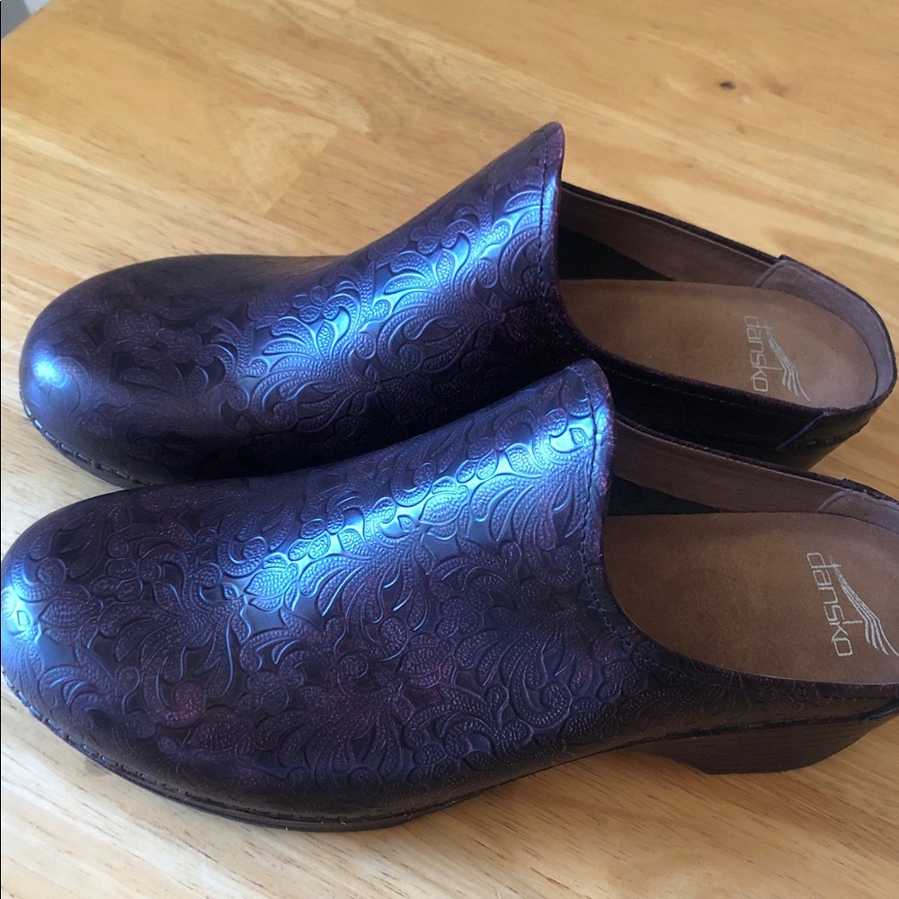 Dansko Iridescent tooled dark Purple Embossed Leather Clogs